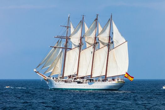 CADIZ, SPAIN - APR 01: Spanish Navy Training Ship, Juan Sebastian de Elcano setting sail on the 83rd cruise of instruction with 69 midshipmen on April 01 , 2012, in Cadiz , Spain