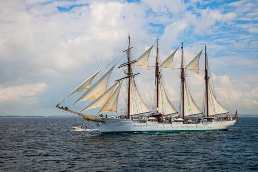 CADIZ, SPAIN - APR 01: Spanish Navy Training Ship, Juan Sebastian de Elcano setting sail on the 83rd cruise of instruction with 69 midshipmen on April 01 , 2012, in Cadiz , Spain