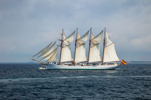 CADIZ, SPAIN - APR 01: Spanish Navy Training Ship, Juan Sebastian de Elcano setting sail on the 83rd cruise of instruction with 69 midshipmen on April 01 , 2012, in Cadiz , Spain
