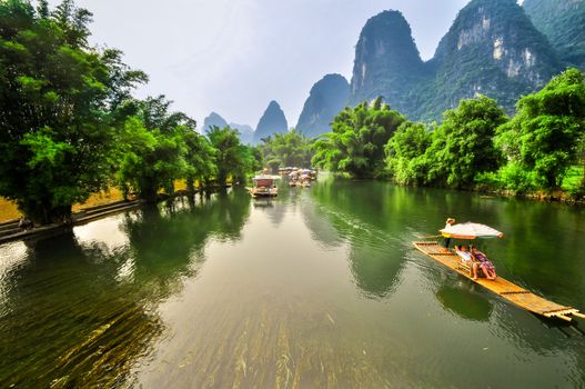 Beautiful Li river bamboo side Karst mountain landscape in Yangshuo Guilin, China