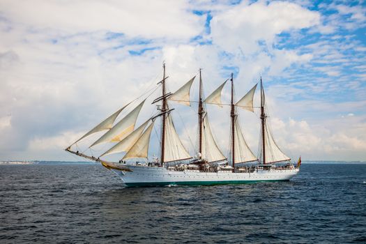 CADIZ, SPAIN - APR 01: Spanish Navy Training Ship, Juan Sebastian de Elcano setting sail on the 83rd cruise of instruction with 69 midshipmen on April 01 , 2012, in Cadiz , Spain