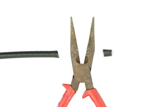 Cut cable line by old pliers for repair isolated with white background.