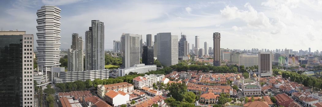 Kampong Glam with Singapore City Skyline and Sultan Mosque Aerial View Panorama