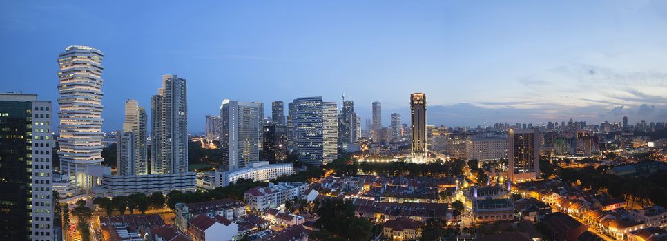 Kampong Glam with Singapore City Skyline and Sultan Mosque Aerial View during Evening Blue Hour Panorama