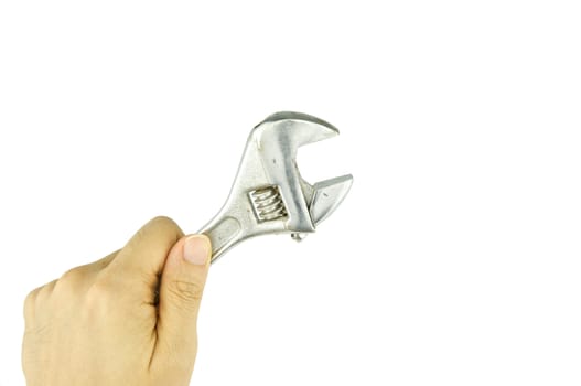 Man hold silver wrench for repair isolated with white background.