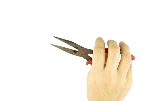 Man is holding old pliers for repair isolated with white background.