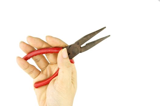 Man is holding old red pliers for repair isolated with white background.