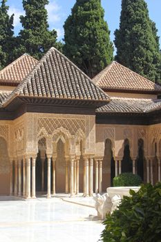 Beautiful view on ancient buildings and gardens of Alhambra