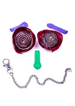 the idea of a depression face made from cut red onion and key chain