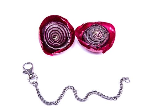 the idea of a depression face made from cut red onion and key chain