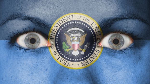 Women eye, close-up, blue eyes, presidential seal