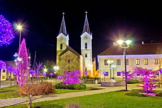 Town of Cazma christmas view of park and church decorations, Croatia