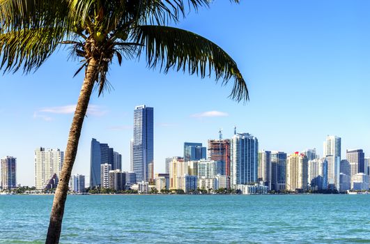 Miami Downtown skyline in daytime with Biscayne Bay.