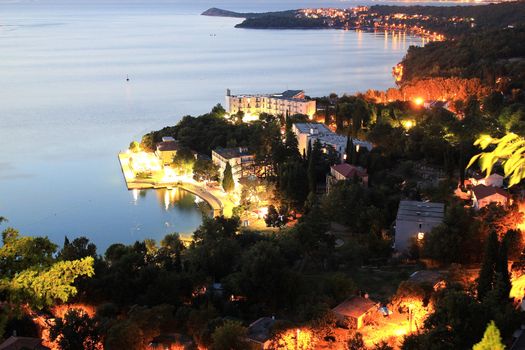 Coastal town of Omisalj aerial evening view, Island of Krk, Croatia