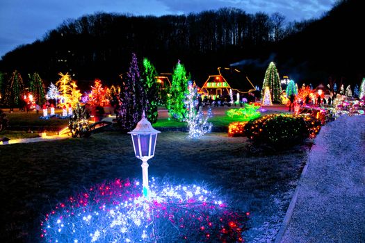 Village in colorful Christmas lights, Croatia