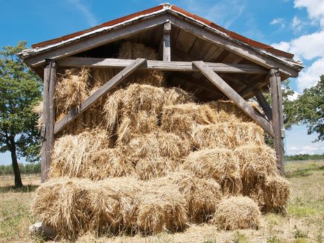 open wooden barn full of hay bale