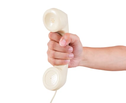 Retro rotary vintage telephone and hand on white background