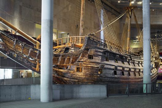 STOCKHOLM, SWEDEN – MAY 17, 2014: The Vasa Museum displays the only almost fully intact 17th century ship that has ever been salvaged, the 64-gun warship Vasa that sank on her maiden voyage in 1628.