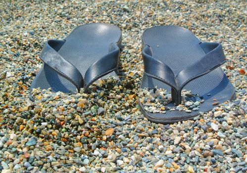 A pair of black flip fops on the beach