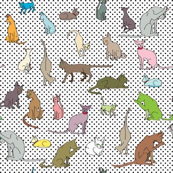 Cats seamless pattern with pop art dots, hand drawn doodle illustration of a series of funny animals