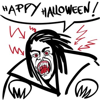 Happy halloween illustration of a vampire, hand drawn doodle with red thunderbolts and comics speech bubble on white