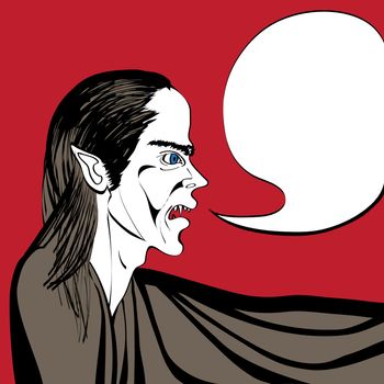 Hand drawn illustration of a vampire speaking, pop art comic scene with speech bubble on a red background