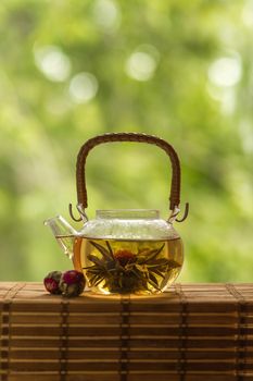 Transparent teapot with blooming tea flower on green natural background 