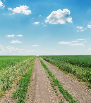 empty countryside road with green grass and clouds