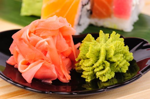 Macro shot of ginger and wasabi on the plate