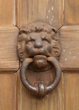 vintage oriental knocker door of metal lion on wood door