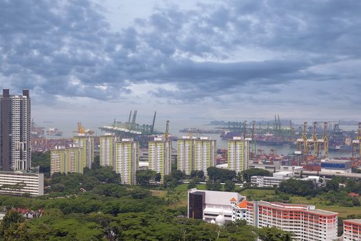 SINGAPORE - JUNE 15, 2014: Port of Singapore Authority PSA Shipyard Aerial View. Singapore is the second busiest port in the world in terms of tonnage.