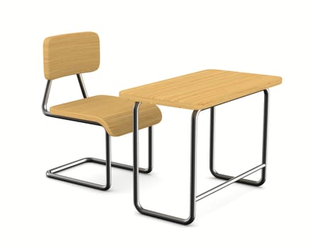 School desk and chair on white background. Isolated 3D image
