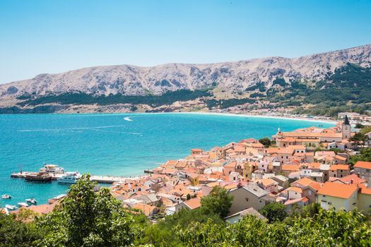 Panoramic view of Baska town, Krk, Croatia, Europe.