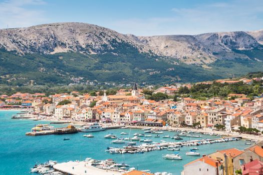 Panoramic view of Baska town, Krk, Croatia, Europe.