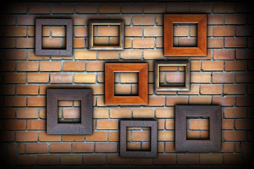 brick wall with picture wooden frames for your message