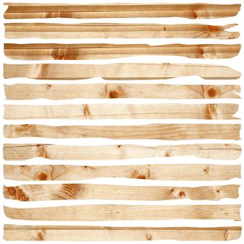 damaged wood pieces of fir planks isolated over white