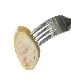 Closeup sausage on a fork isolated on white background