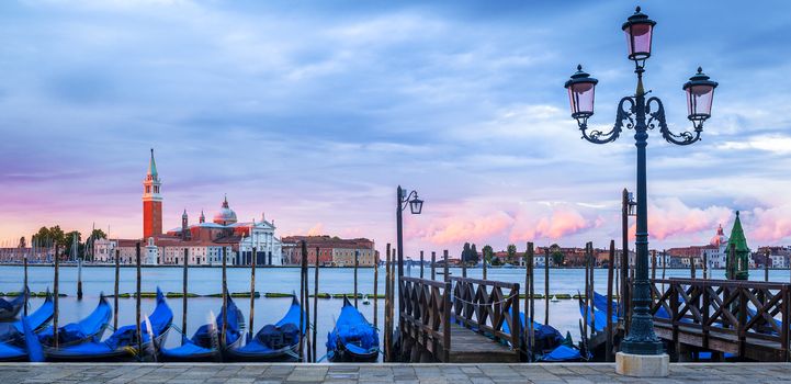 Gondolas floating in the Grand Canal, panoramic view