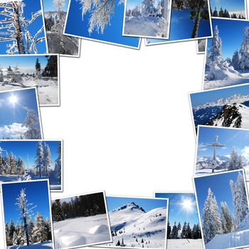Frame photos of winter mountain on a white background