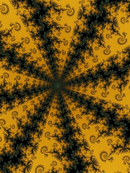 Digital computer graphic - rendering. Patterned fractal background with spiral fir design.