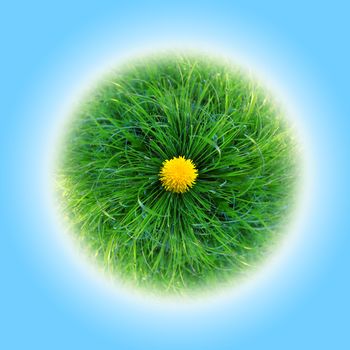 bright green planet made ??of grass, with a blue background and dandelions