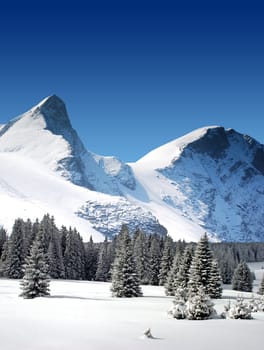high snowy mountain peaks and glaciers rocks with blue sky
