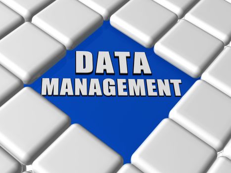 data management - 3d white text over blue between grey boxes keyboard, business organizing concept words