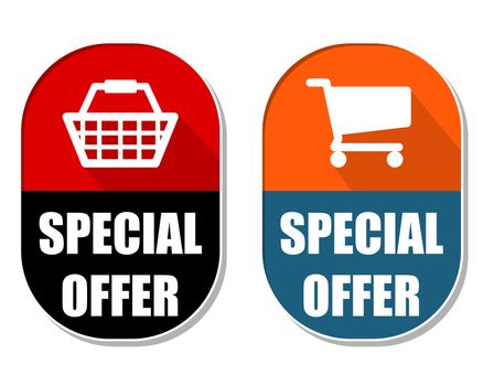 special offer with shopping basket and cart symbols, two elliptic flat design labels with icons, business commerce concept