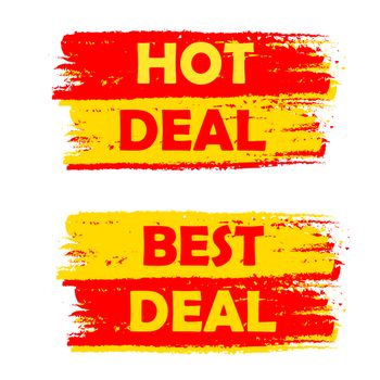 hot and best deal banners - text in yellow and red drawn labels, business commerce shopping concept