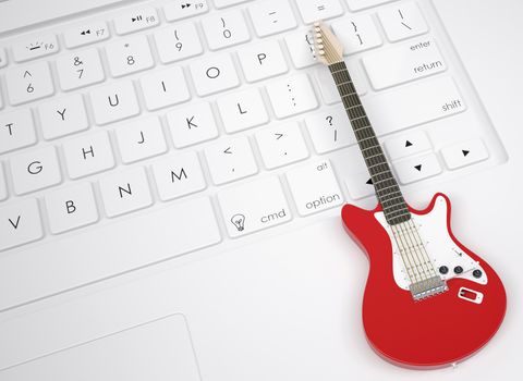 Electric guitar on the keyboard. View from above