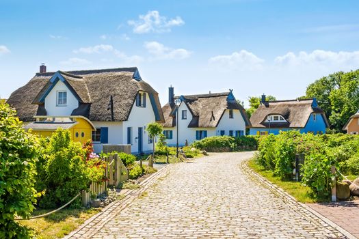 thatched-roof house settlement with cobbled stone street