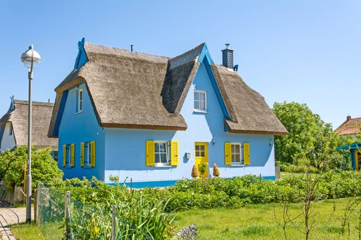 light-blue thatched-roof house with garden