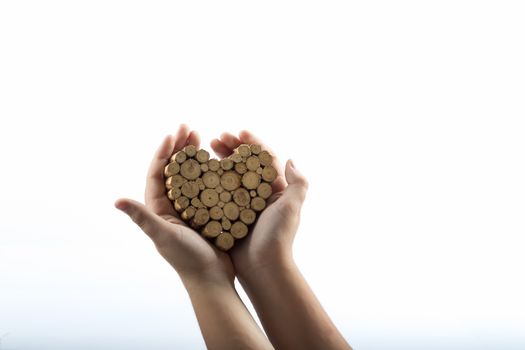 Young hands giving wooden knots heart on white background