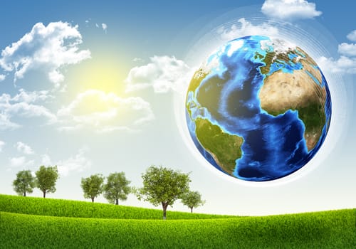 Earth, green grass and trees. Elements of this image are furnished by NASA